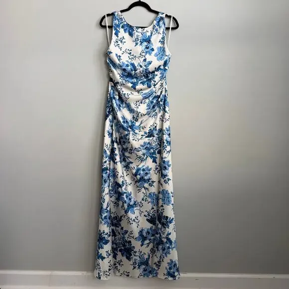 NEW BHLDN Mariella High-Neck Satin Maxi Dress in Blue Floral Size 12 - Picture 3 of 12
